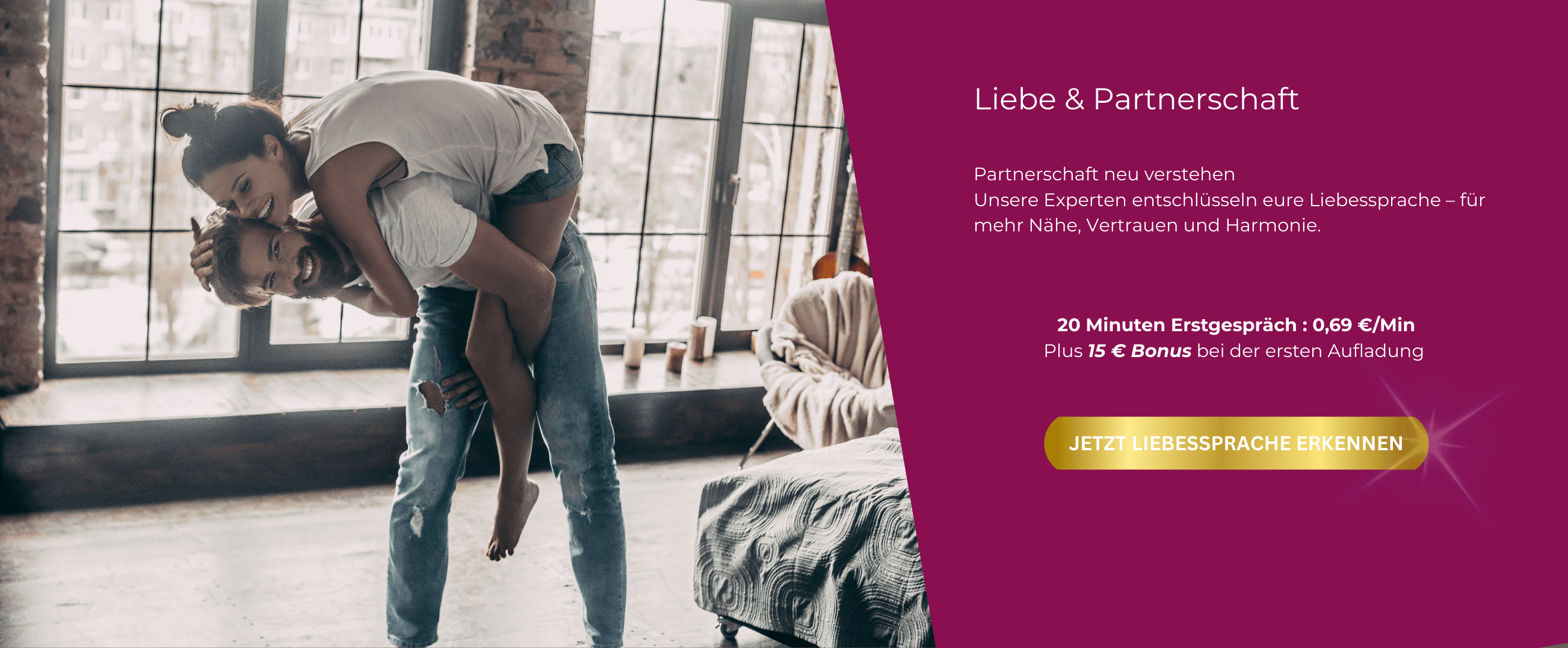 Lachendes Paar als Symbol für Liebe und Partnerschaft – Via Dio Sternecoaching Experten entschlüsseln eure Liebessprache für mehr Nähe, Vertrauen und Harmonie.