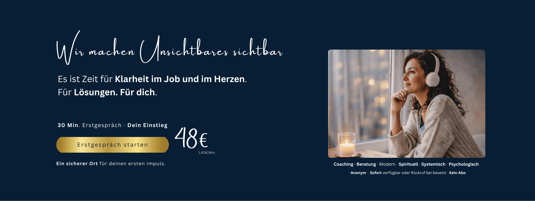 Werbegrafik für VIA.DIO Sternecoaching. Links Collage mit Menschen in meditativen, spirituellen oder glücklichen Momenten. Rechts violetter Hintergrund mit Text: „VIA.DIO Sternecoaching – Finde Klarheit & neue Wege“. Angebot: 20 Minuten Coaching für 0